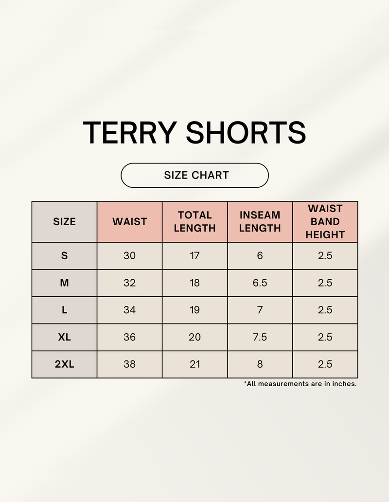 Size chart for Men's Terry Shorts